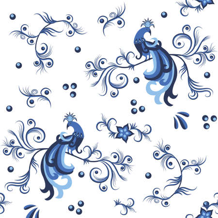 Seamless floral pattern in traditional Russian style Gzhel with peacocks and floral elements. Blue on white ornament, vector illustrationのイラスト素材
