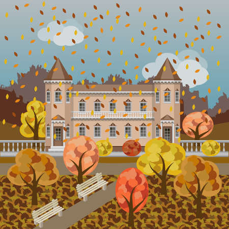Cartoon fairy tale castle or rich manor house in autumn landscape with colorful trees and falling leaves. Use for cartoon or game asset background. Vector illustrationのイラスト素材