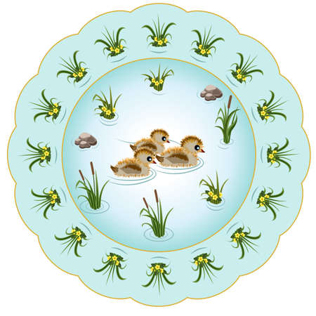 Porcelain plate ornate with colorful decorative pattern - pond with reefs and little ducks. Isolated object for table asset, vector illustrationのイラスト素材