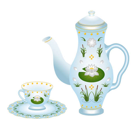 Porcelain coffee set ornate with tender colorful picture with lilies, grass and pond water. Coffee pot and cup, isolated objects. Vector illustrationのイラスト素材