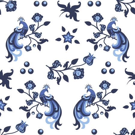 Seamless floral pattern in traditional Russian style Gzhel with peacocks and floral elements. Blue on white ornament, vector illustrationのイラスト素材