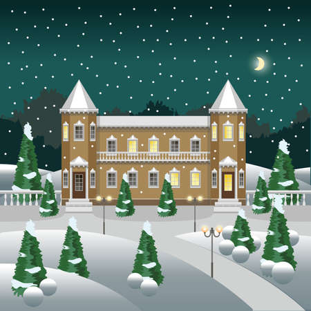 Cartoon winter landscape with snow and trees. Use for cartoon or game asset background. Vector illustrationのイラスト素材
