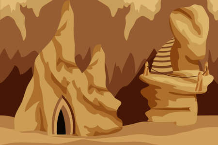Underground cave landscape. Background for cartoon or adventure fantasy game asset for level design. Underground city of dark elves or gnomes, mysterious night cave realm. Vector illustrationのイラスト素材