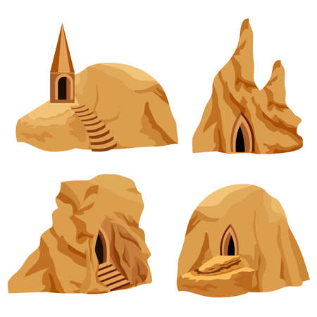 Isolated set of game design elements for cartoon or fantasy game asset in cave landscape environment. Houses on rocks for underground cave city of dark elves or gnomes. Vector illustrationのイラスト素材