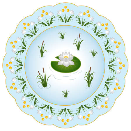 Decorative porcelain plate ornate with floral pattern - blue pond, lily and grass. Vector illustration, isolated objectのイラスト素材