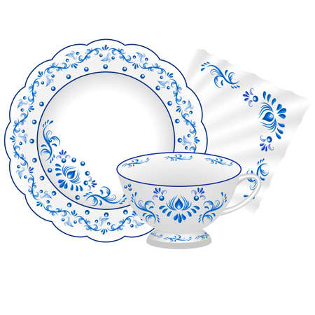 Porcelain tea party set. Tea cup, plate and napkin decorated in traditionsl Russian style Gzhel. Blue floral pattern. Vector illustrationのイラスト素材