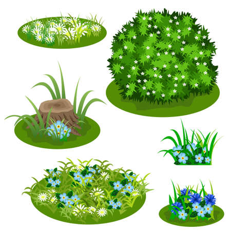 Garden landscape set. Tile set for summer forest or garden design. Bush, flowers in grass, cornflowers and chamomiles, stub. Use for cartoon or video game asset. Vector illustrationのイラスト素材