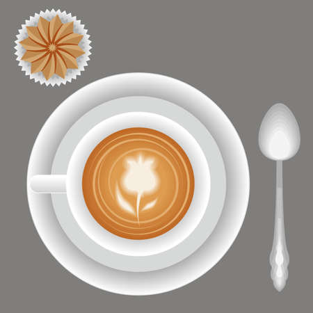 Coffee set. Cappuccino coffee cup, plate, spoon and biscuit.Vector illustration.のイラスト素材