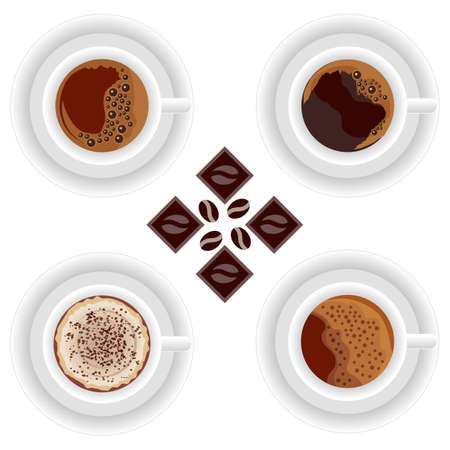 Coffee table set. Coffee cups, chocolates. Espresso and cappuccino coffee. Vector illustrationのイラスト素材