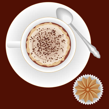 Coffee set. Cappuccino coffee cup, plate, spoon and biscuit. Vector illustration.のイラスト素材