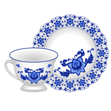 Tea pair for porcelain tea party set - cup and plate. Decorated in traditional Russian style Gzhel with oriental floral pattern. Vector illustrationのイラスト素材