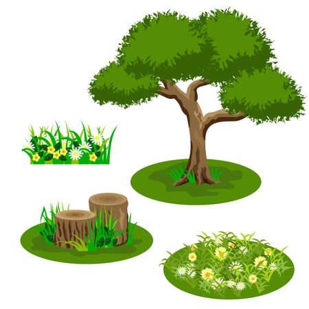 Set of landscape elements for summer forest or garden scene design. Tree, flowers in grass, chamomiles, stubs. Tile set for cartoon or video game asset. Vector illustrationのイラスト素材