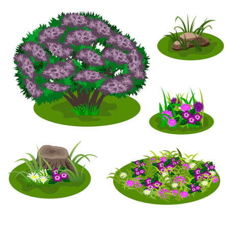 Set of landscape elements for summer forest or garden scene design. Bush, lilac in blossom, flowers in grass, stubs. Tile set for cartoon or video game asset. Vector illustrationのイラスト素材