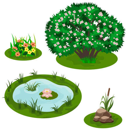 Tile set for forest or garden landscape design. Bush in blossom, pond with lily, flowers in grass, stubs, reef. Video game asset, cartoon elements. Vector illustrationのイラスト素材