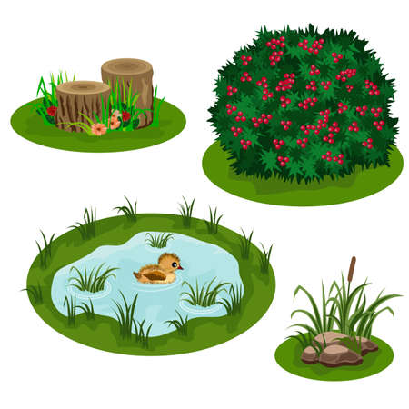 Set of landscape elements for summer forest or garden scene design. Bush, flowers in grass, pond with a duck, stubs, stones and reefs. Tile set for cartoon or video game asset. Vector illustrationのイラスト素材
