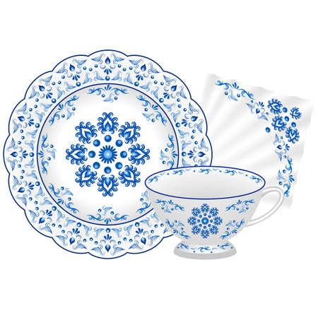 Porcelain tea party set. Tea cup, plate and napkin decorated in traditionsl Russian style Gzhel. Blue floral pattern. Vector illustrationのイラスト素材