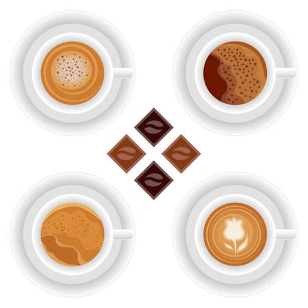 Coffee table set. Coffee cups, chocolates. Cappuccino, espresso. Vector illustrationのイラスト素材
