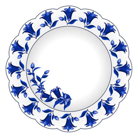 Decorative porcelain plate ornate in traditional Russian Gzhel style. Isolated plate with floral pattern, bell flowers and leaves, blue on white. Vector illustrationのイラスト素材