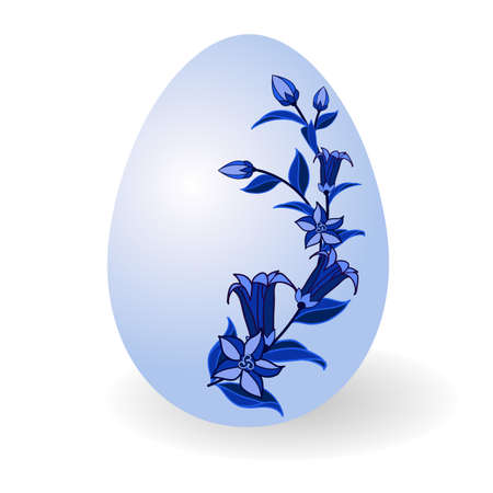 Easter egg decorated in traditional Russian style Gzhel. Paschal egg with floral pattern, for Happy Easter holiday. Ornate with bell-flowers in blossom. Isolated object, vector illustrationのイラスト素材