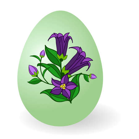 Easter egg decorated with floral pattern, traditional gift for Happy Easter holiday. Paschal egg ornate with a branch of bell-flowers in blossom. Isolated object, vector illustrationのイラスト素材