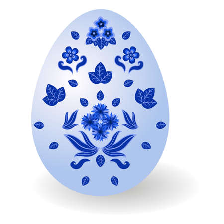 Easter egg decorated in traditional Russian style Gzhel. Paschal egg with floral pattern, for Happy Easter holiday. Ornate with flowers and leaves, blue on white. Isolated object, vector illustrationのイラスト素材