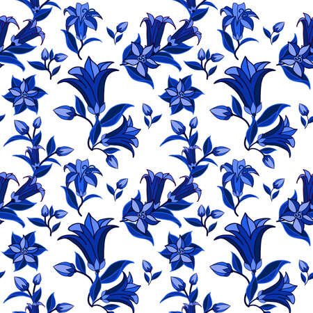 Decorative seamless pattern in traditional Russian Gzhel style. Floral ornament, blue on white with bell flowers and leaves. Vector illustrationのイラスト素材