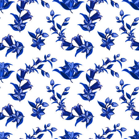 Decorative seamless pattern in traditional Russian Gzhel style. Floral ornament, blue on white with bell flowers and leaves. Vector illustrationのイラスト素材