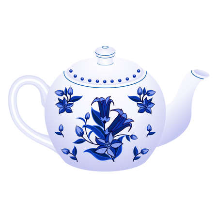 Porcelain teapot for tea party set ornate in Russian traditional Gzhel style. Isolated object with oriental floral pattern, blue on white, Vector illustrationのイラスト素材
