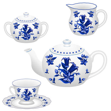Tea party set in traditional Russian Gzhel style. Teapot, tea cup, milk jug and sugar bowl. Ornate with oriental floral pattern with blue bell-flowers on white. Isolated objects, vector illustrationのイラスト素材