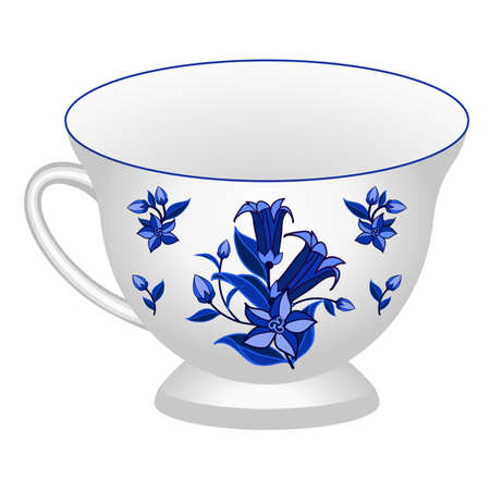 Porcelain tea cup decorated in traditional Russian style Gzhel. Isolated tea cup with floral pattern blue on white. Vector illustrationのイラスト素材