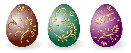 Set of decorative Easter eggs ornate with golden vintage pattern. Paschal eggs Faberge, traditional gift for Easter holiday. Isolated objects, vector illustrationのイラスト素材