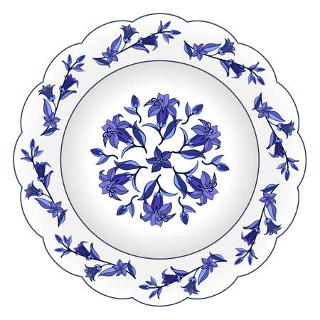 Decorative porcelain plate ornate in traditional Russian Gzhel style. Isolated plate with floral pattern, bell flowers and leaves, blue on white. Vector illustrationのイラスト素材