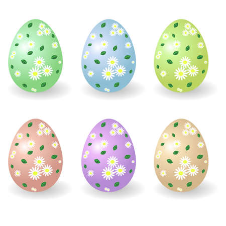 Set of Easter eggs decorated with floral pattern, traditional gift for Happy Easter holiday. Paschal eggs ornate with chamomliles. Isolated object, vector illustrationのイラスト素材