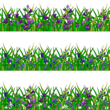 Set of garden flower in grass for landscape scene creating. Bell-flowers, chamomiles, grass. Can be used as cartoon or game asset. Vector illustrationのイラスト素材