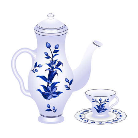 Decorative porcelain coffee set - coffee pot and cup. Ornate in traditional Russian Gzhel style, floral pattern with bell flowers and leaves, blue on white. Isolated objects, vector illustrationのイラスト素材