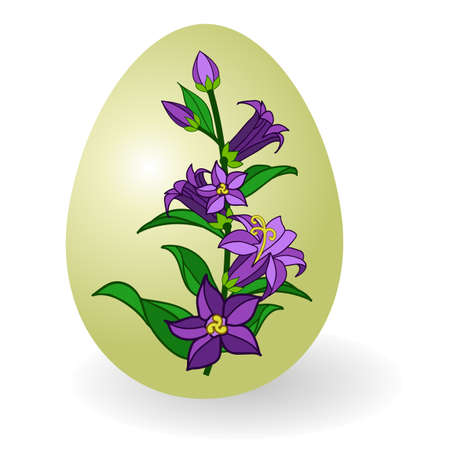 Easter egg decorated with floral pattern, traditional gift for Happy Easter holiday. Paschal egg ornate with a branch of bell-flowers in blossom. Isolated object, vector illustrationのイラスト素材