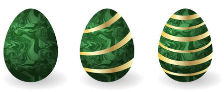 Set of Easter eggs. Decorative paschal eggs Faberge, malachite with golden dÃ©cor. Gift for traditional Easter holiday. Isolated objects, vector illustrationのイラスト素材