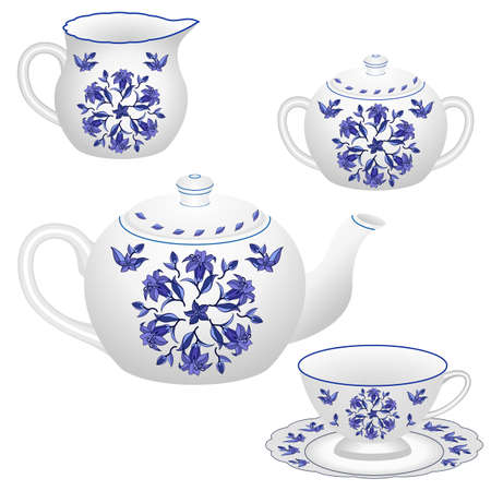 Tea party set in traditional Russian Gzhel style. Teapot, tea cup, milk jug and sugar bowl. Ornate with oriental floral pattern with blue bell-flowers on white. Isolated objects, vector illustrationのイラスト素材