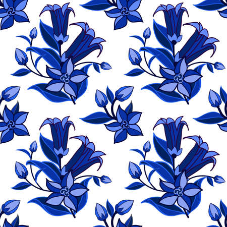 Decorative seamless pattern in traditional Russian Gzhel style. Floral ornament, blue on white with bell flowers and leaves. Vector illustrationのイラスト素材