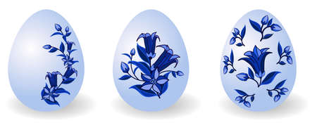 Set of Easter eggs decorated in traditional Russian style Gzhel with floral pattern, for Happy Easter holiday. Paschal eggs ornate with bell-flowers in blossom. Isolated object, vector illustrationのイラスト素材