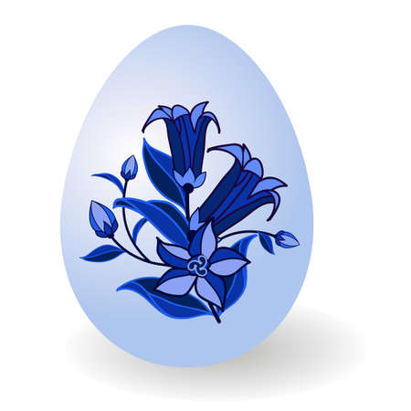 Easter egg decorated in traditional Russian style Gzhel. Paschal egg with floral pattern, for Happy Easter holiday. Ornate with bell-flowers in blossom. Isolated object, vector illustrationのイラスト素材