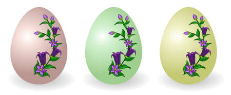 Set of Easter eggs decorated with floral pattern, traditional gift for Happy Easter holiday. Paschal eggs ornate with a branch of bell-flowers in blossom. Isolated object, vector illustrationのイラスト素材