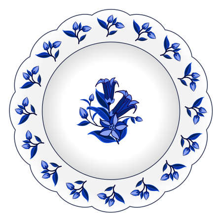 Decorative porcelain plate ornate in traditional Russian Gzhel style. Isolated plate with floral pattern, bell flowers and leaves, blue on white. Vector illustrationのイラスト素材