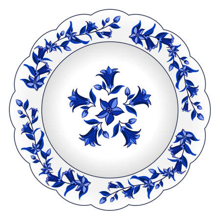 Decorative porcelain plate ornate in traditional Russian Gzhel style. Isolated plate with floral pattern, bell flowers and leaves, blue on white. Vector illustrationのイラスト素材