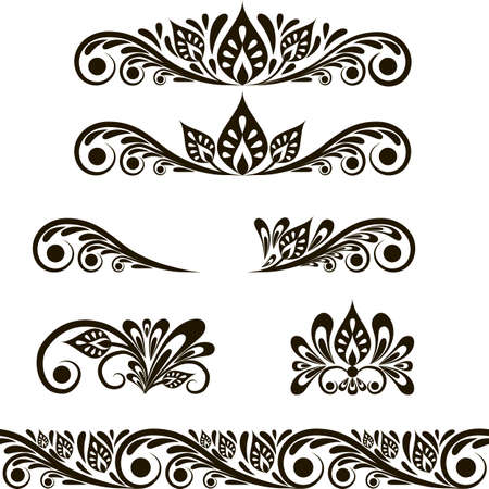 Vector set of decorative vintage elements. Swirl floral ornaments for design. Vignettes, motifs, borders, black and white, isolated elements.のイラスト素材