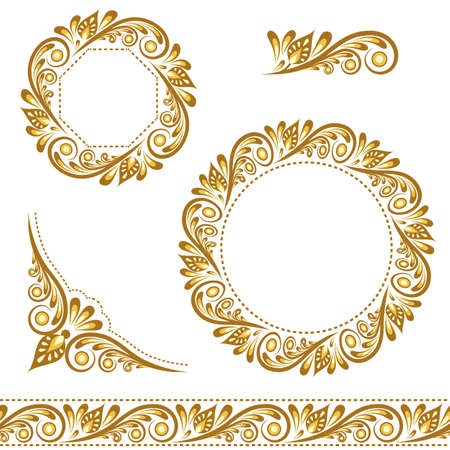 Vector set of vintage elements for frame design. Borders, frames, vignette isolated. Golden floral ornament. Vector illustration.のイラスト素材