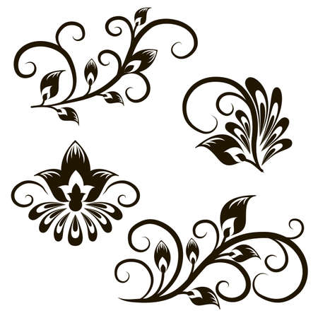 Vector set of decorative vintage elements. Swirl floral ornaments for design. Vignettes, motifs,  black and white, isolated elements.のイラスト素材