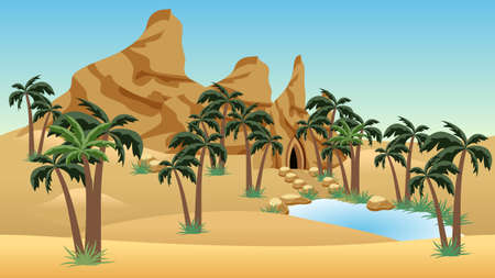 Desert landscape scene with oasis for cartoon or game background or level location. Can be used as game asset. Sand dunes, rocks, palms, house in cave, blue lake. Vector illustration.のイラスト素材