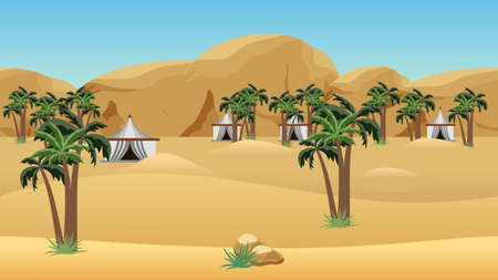 Bedouin camp in desert. Landscape for cartoon or game asset. Parallax layers for game level background.  Vector illustrationのイラスト素材
