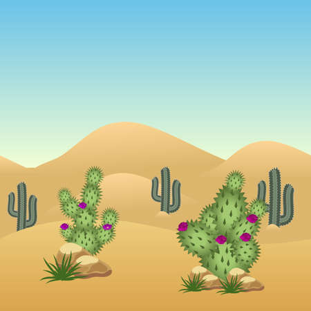 Desert landscape background. Cactuses and sand dunes, parallax ready layers. For cartoon or game background. Vector illustration, horizontally seamlessのイラスト素材